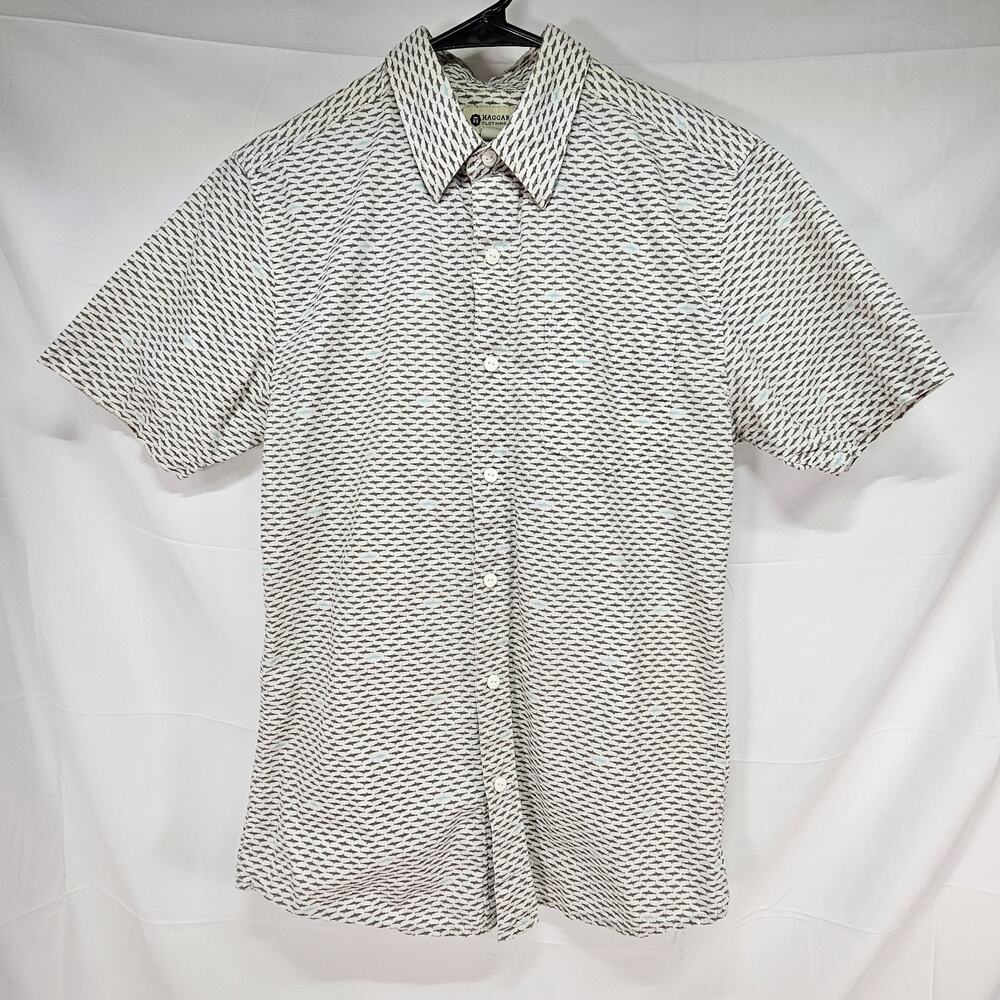 HAGGAR Brown & Blue Shark Print Short Sleeve Button Up Down Shirt Men's Small